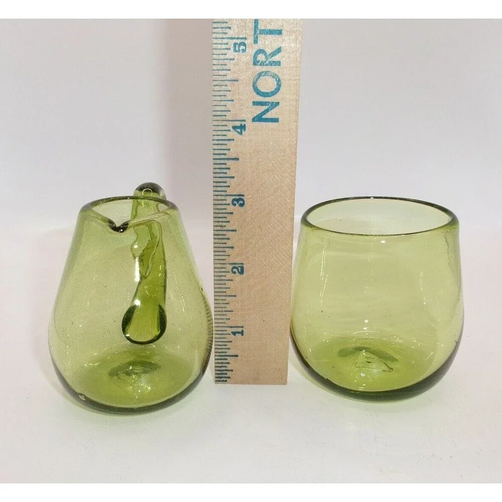 Vtg Green Glass Creamer & Open Sugar Jar Applied Handle Blown Glass Pontil 3 in